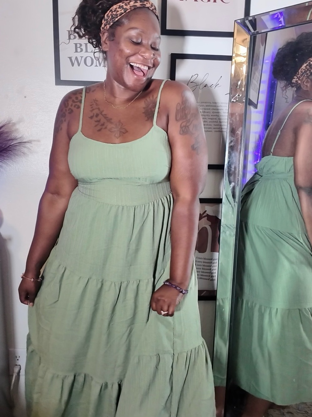SHEIN Olive Green Tiered Spaghetti Strap Maxi Dress